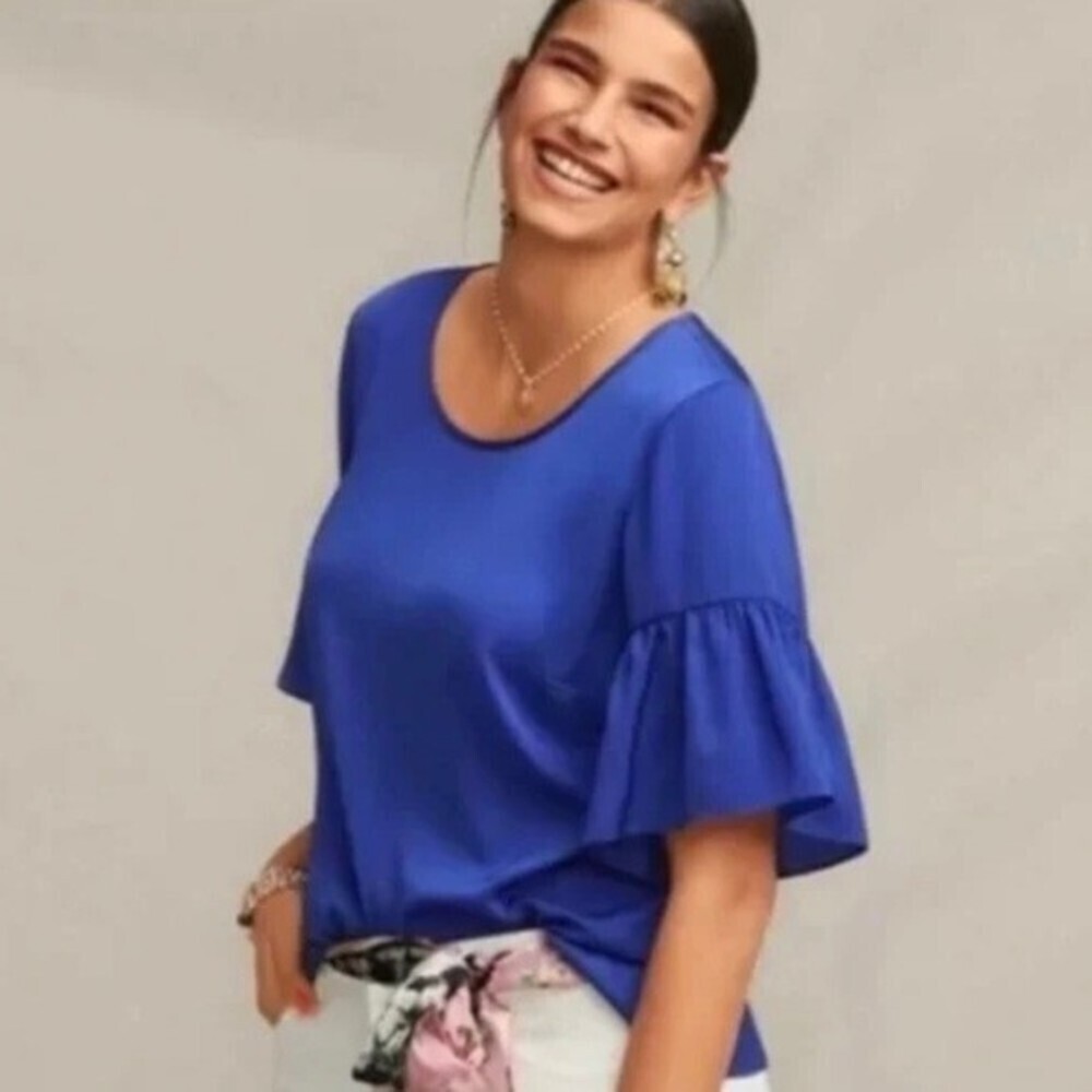 CAbi Rhyme Blouse Soft Fluid Short Bell Sleeves Keyhole Back Top Blue Med